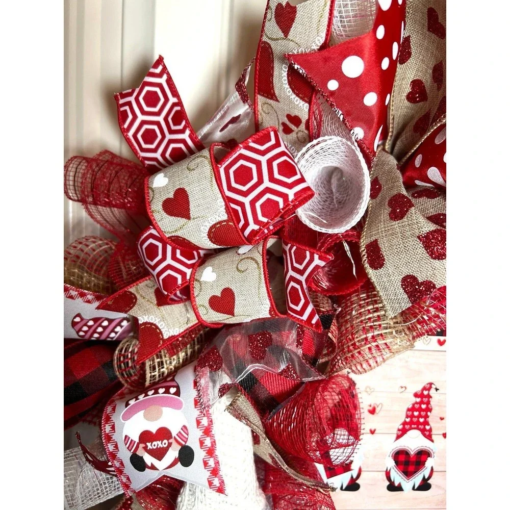 Handmade Valentine’s Gnome LOVE Ribbon Prelit Wreath 22 ins LED W11